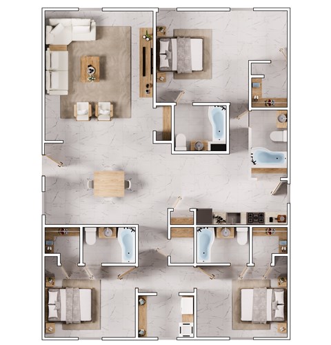 A top-down view of a house layout with multiple rooms and bathrooms.